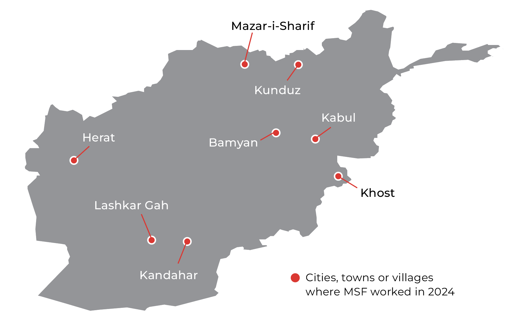 Map that shows where MSF was working in Afghanistan